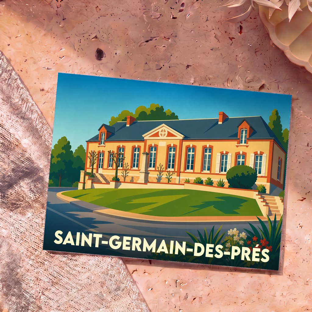 Carte postale souvenir de Saint-Germain-des-Prés arborant une illustration stylisée et colorée de son architecture emblématique.