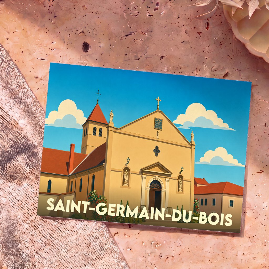 Carte postale souvenir de Saint-Germain-du-Bois représentant son église dans un style graphique épuré.