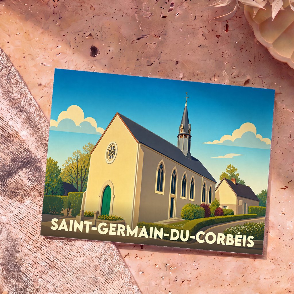 Carte postale souvenir de Saint-Germain-du-Corbéis avec une illustration stylisée de son église sous un ciel bleu.