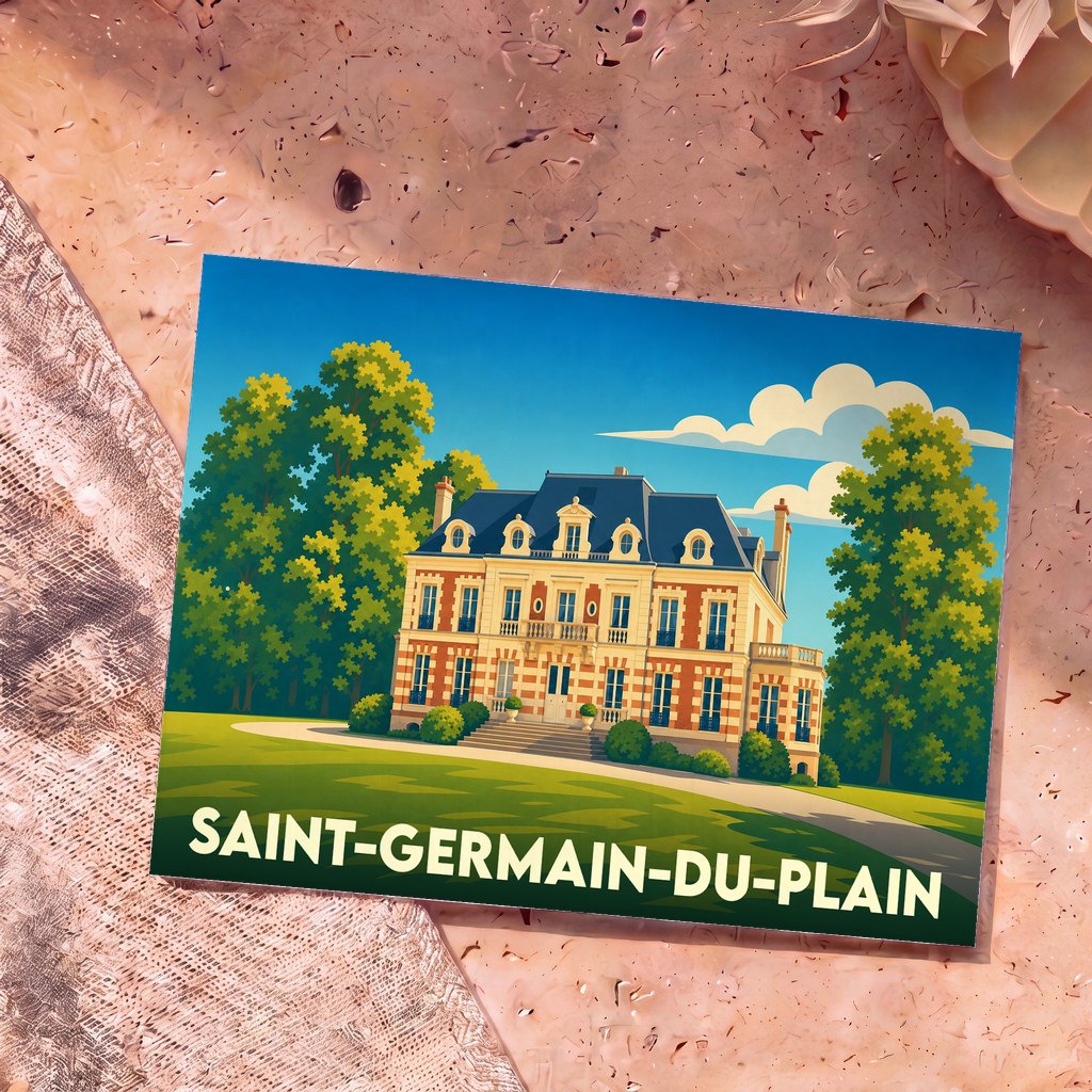 Carte postale souvenir de la ville de Saint-Germain-du-Plain avec une illustration stylisée d'un château.