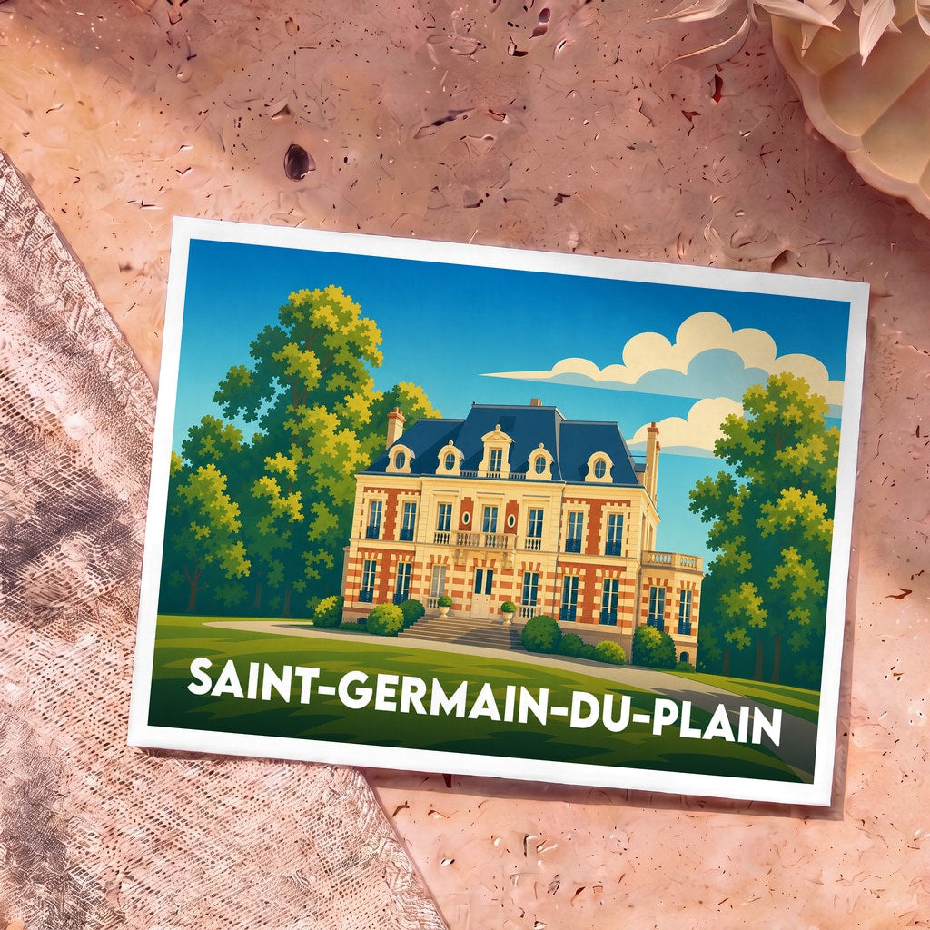 Carte postale souvenir de la ville de Saint-Germain-du-Plain avec une illustration stylisée d'un château.