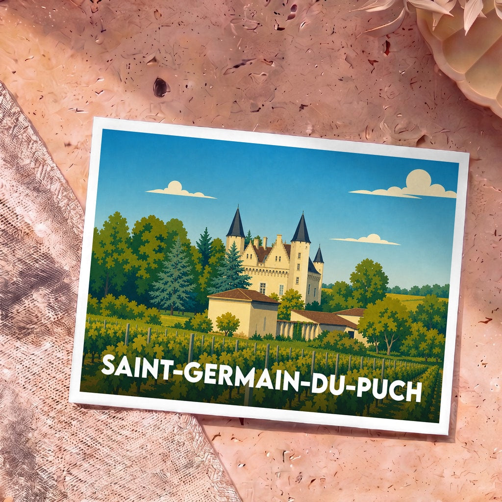 Carte postale souvenir de la ville de Saint-Germain-du-Puch avec une illustration stylisée d'un château entouré de vignes.