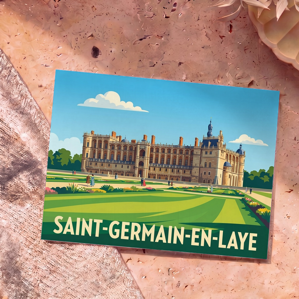 Carte postale souvenir de la ville de Saint-Germain-en-Laye avec une illustration stylisée de son château et de ses jardins.