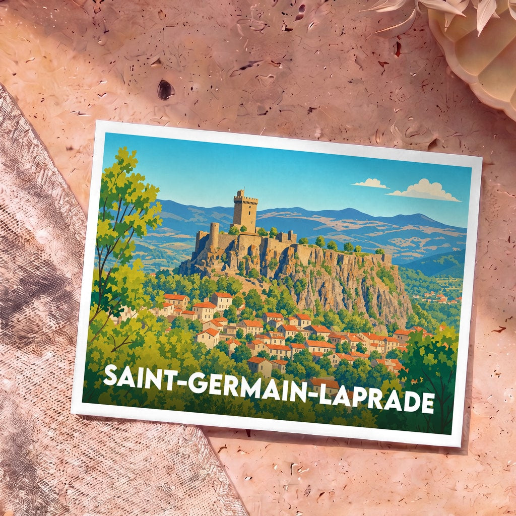 Carte postale souvenir de la ville de Saint-Germain-Laprade avec une illustration stylisée d'un village perché et son château.