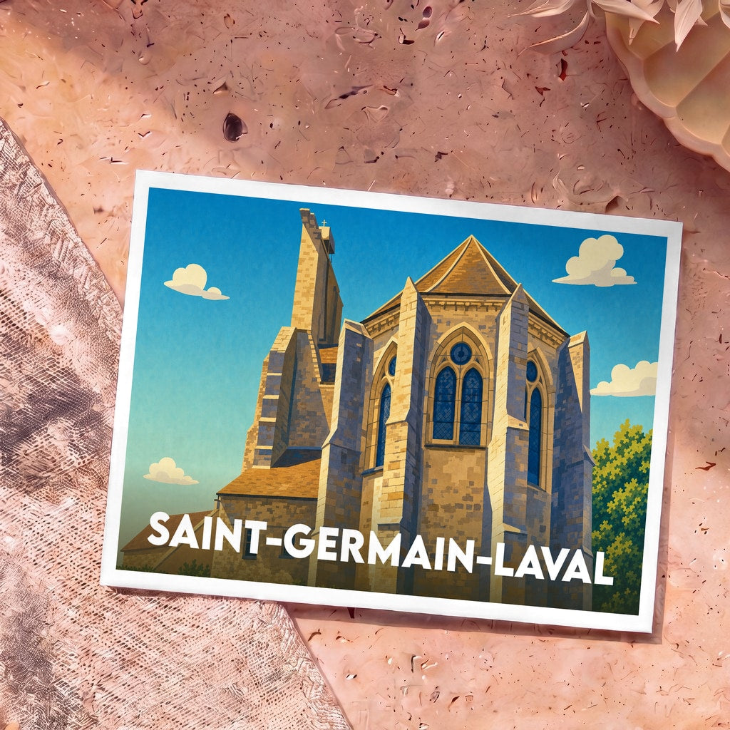 Carte postale souvenir de Saint-Germain-Laval illustrant son église en style graphique épuré.