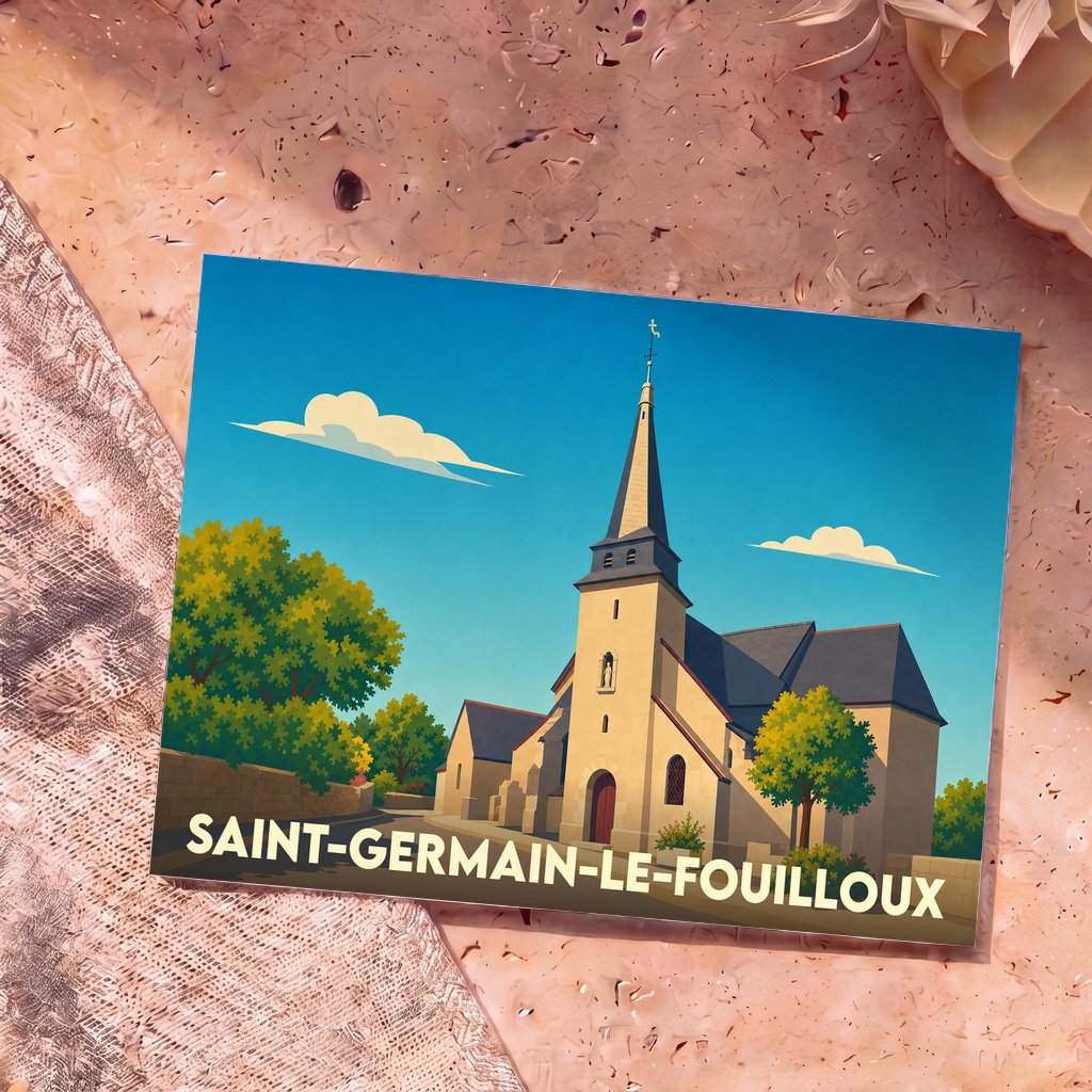 Carte postale souvenir de la ville de Saint-Germain-le-Fouilloux avec une illustration stylisée de son église sous un ciel bleu.