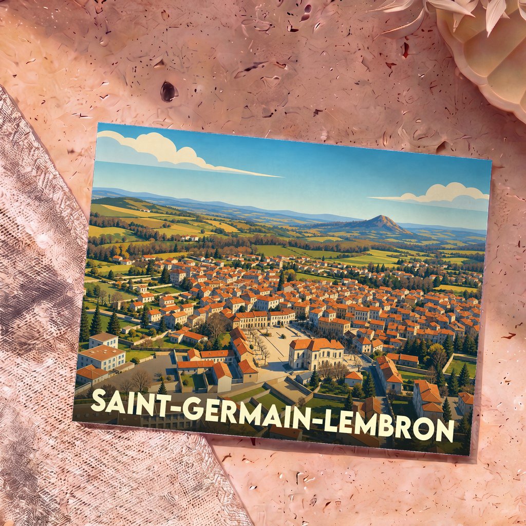 Carte postale souvenir de la ville de Saint-Germain-Lembron avec une illustration panoramique stylisée.