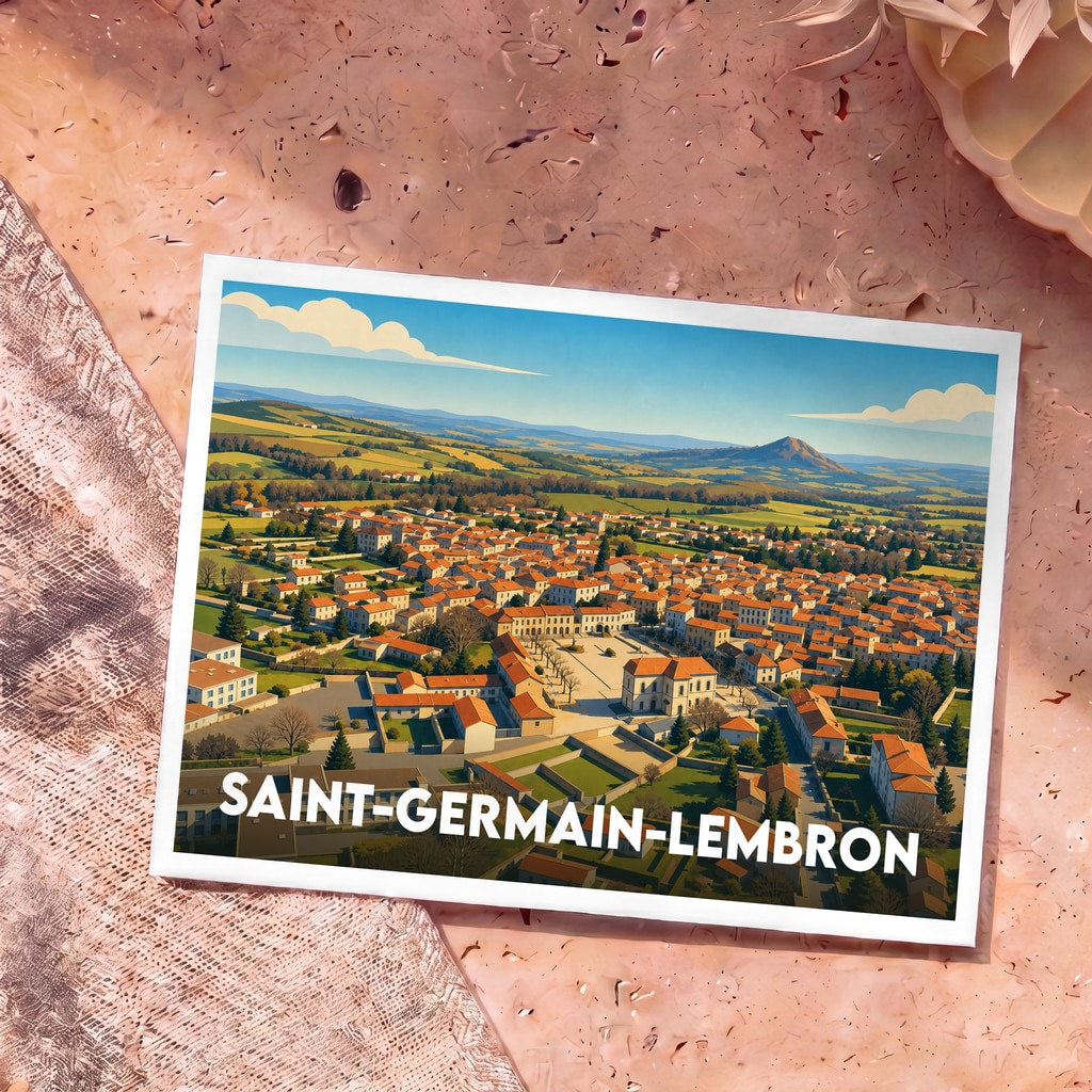 Carte postale souvenir de la ville de Saint-Germain-Lembron avec une illustration panoramique stylisée.