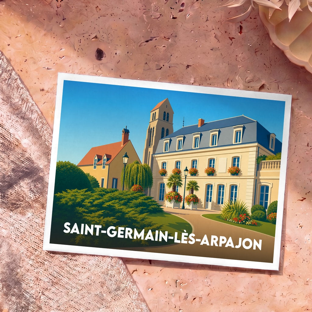 Carte postale souvenir de la ville de Saint-Germain-lès-Arpajon avec une illustration stylisée de son patrimoine architectural.