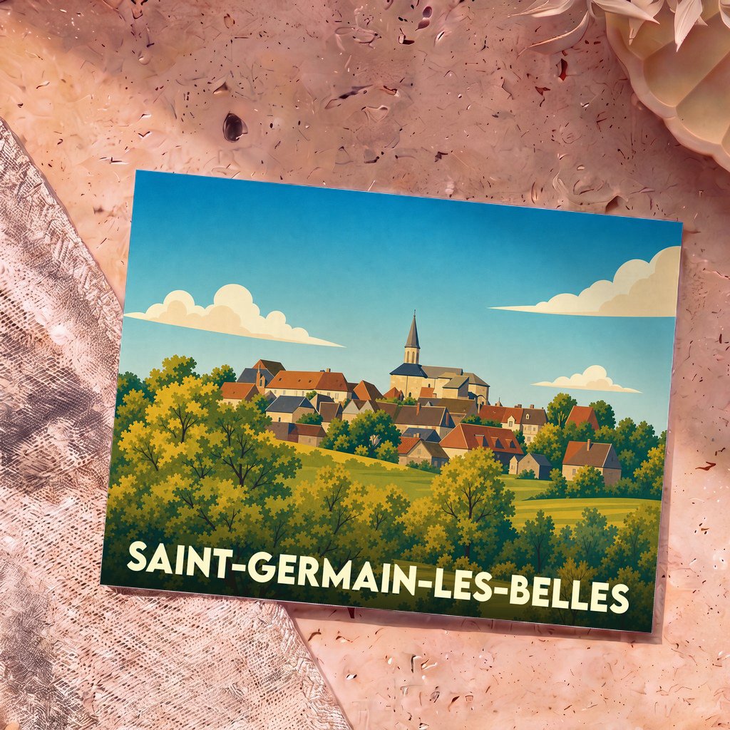 Carte postale souvenir de la ville de Saint-Germain-les-Belles avec une illustration stylisée de son église et de ses maisons.