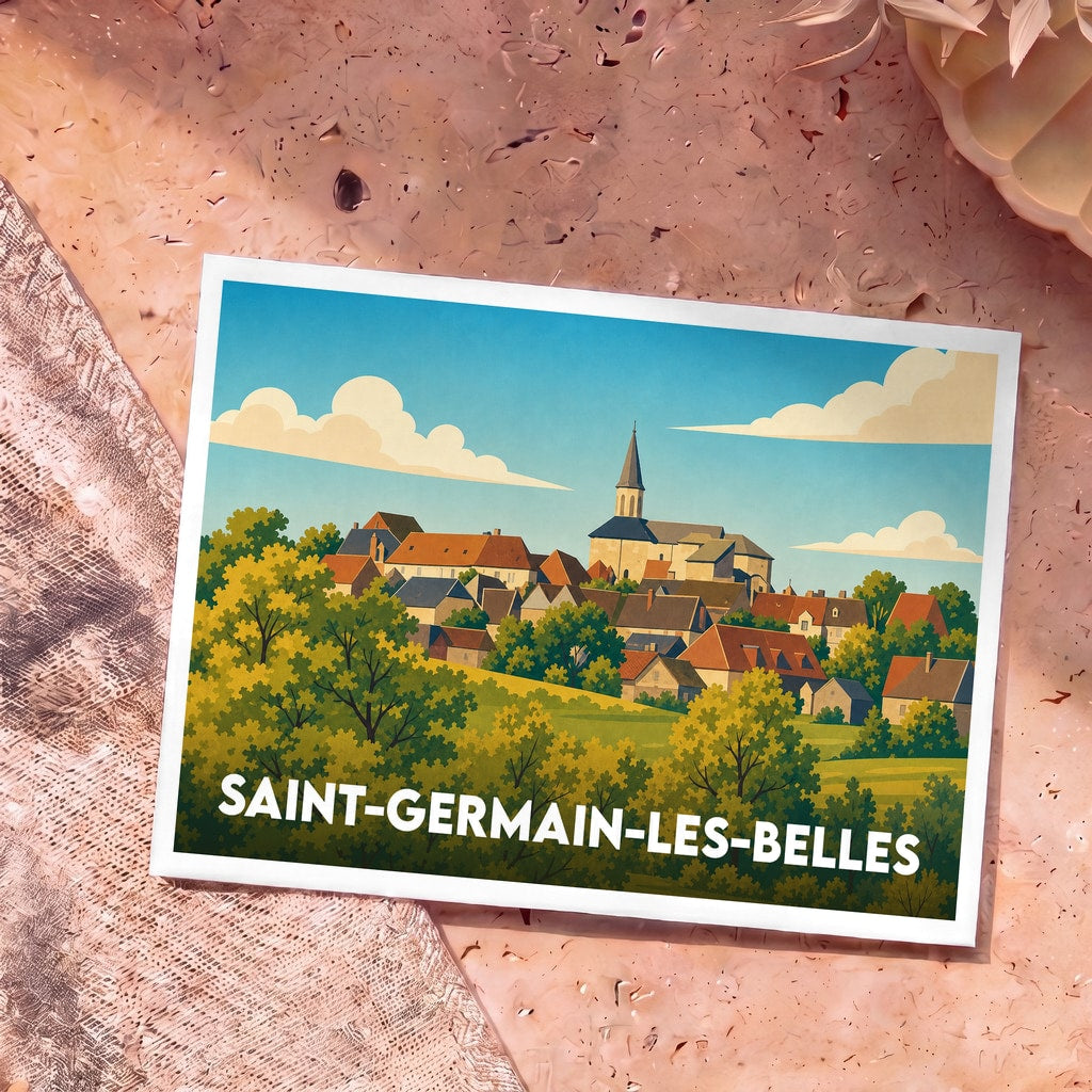Carte postale souvenir de la ville de Saint-Germain-les-Belles avec une illustration stylisée de son église et de ses maisons.