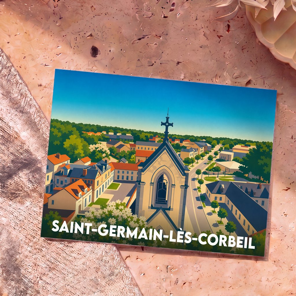 Carte postale souvenir de Saint-Germain-lès-Corbeil présentant une vue aérienne stylisée et colorée de la ville.