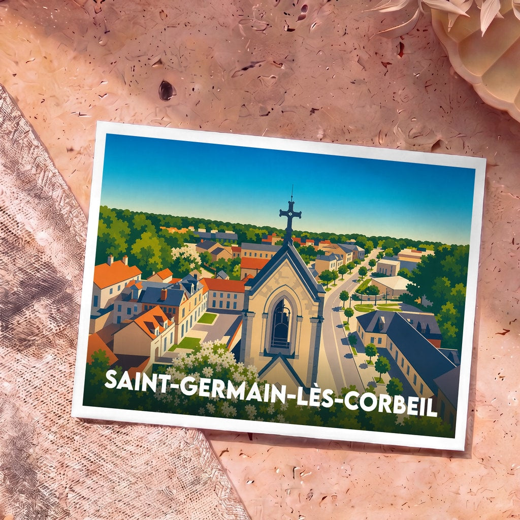 Carte postale souvenir de Saint-Germain-lès-Corbeil présentant une vue aérienne stylisée et colorée de la ville.