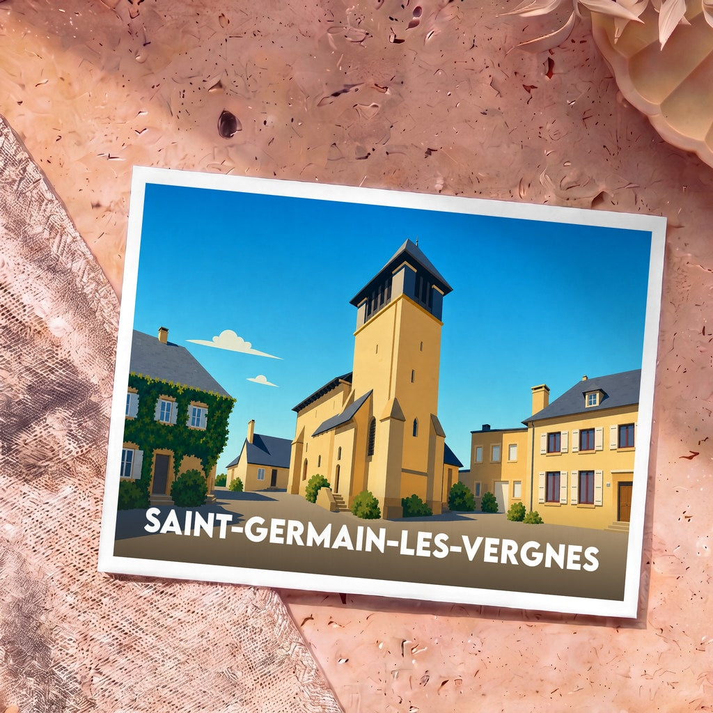 Carte postale souvenir de Saint-Germain-les-Vergnes présentant une illustration stylisée de son église et de ses maisons typiques.