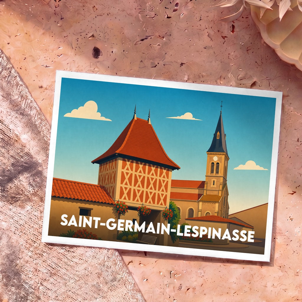 Carte postale souvenir de la ville de Saint-Germain-Lespinasse avec une illustration stylisée de son patrimoine.