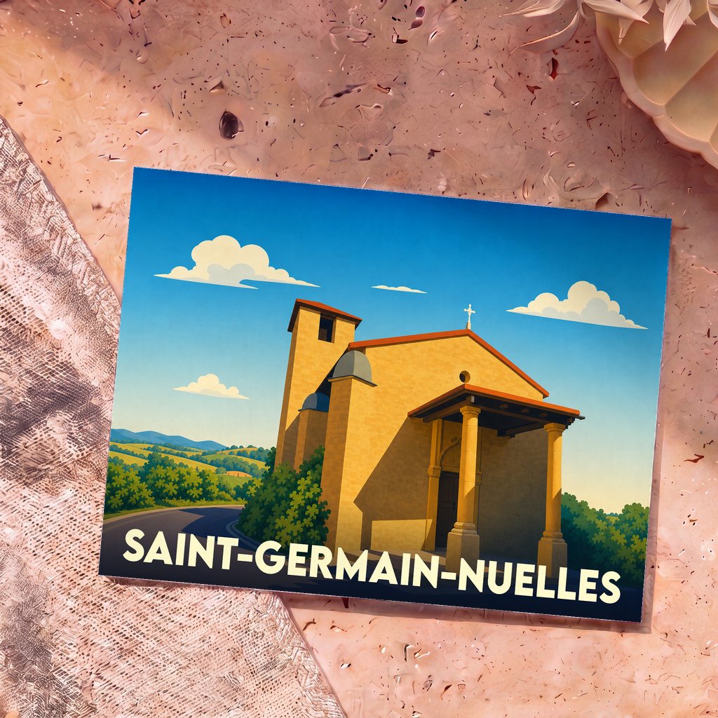 Carte postale souvenir de la ville de Saint-Germain-Nuelles avec une illustration stylisée de sa chapelle.