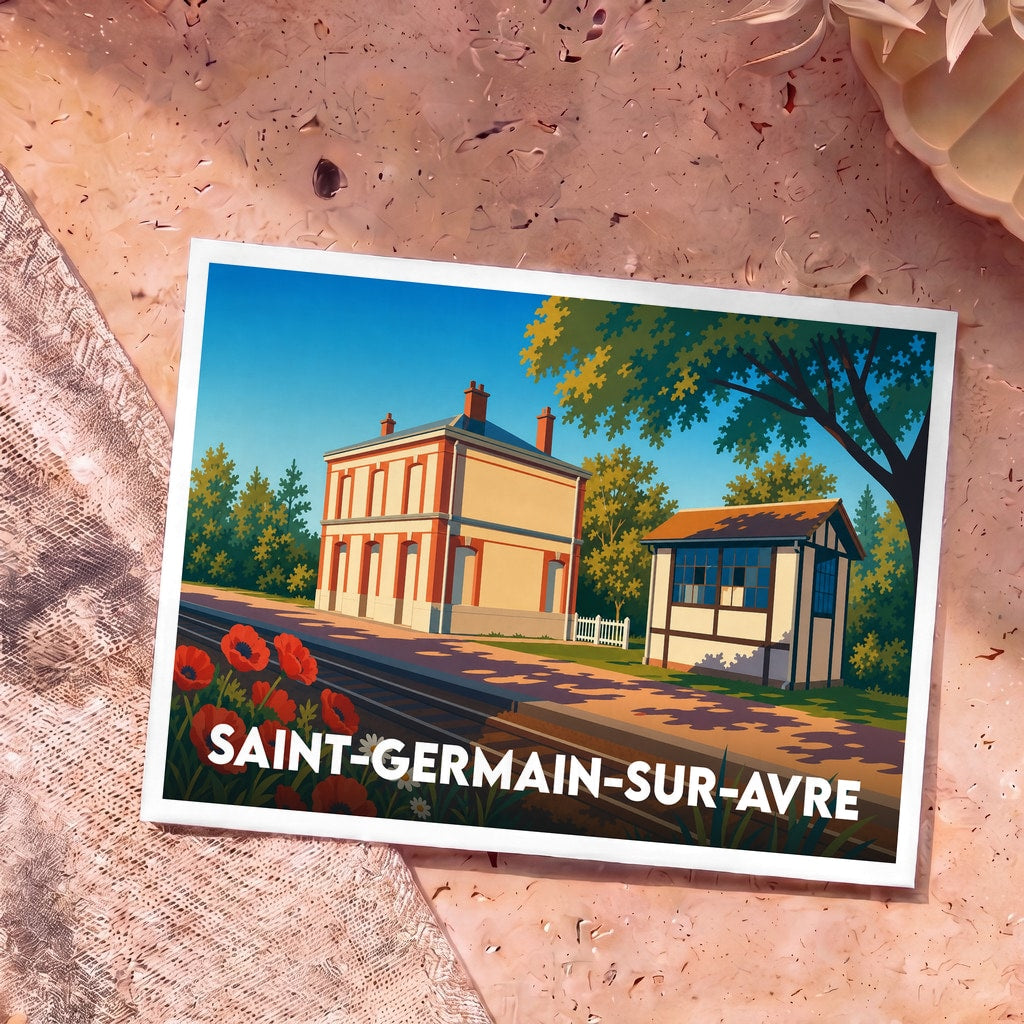 Carte postale souvenir de la ville de Saint-Germain-sur-Avre avec une illustration stylisée d'une gare sous un ciel bleu.