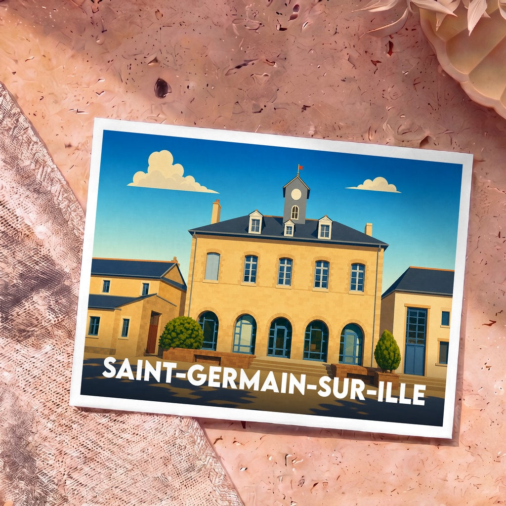 Carte postale souvenir de la ville de Saint-Germain-sur-Ille avec une illustration stylisée de son architecture.