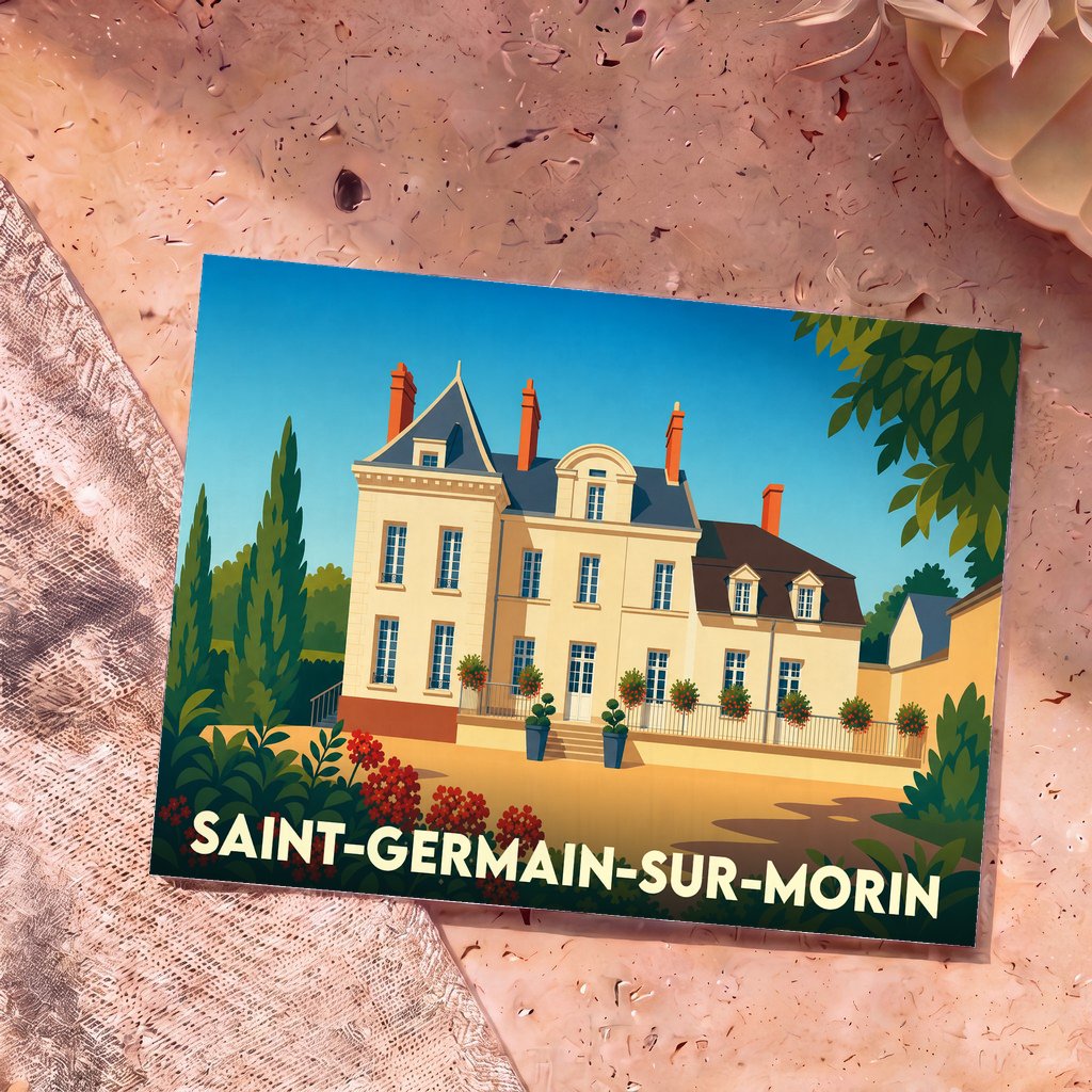 Carte postale souvenir de la ville de Saint-Germain-sur-Morin avec une illustration stylisée d'un manoir.