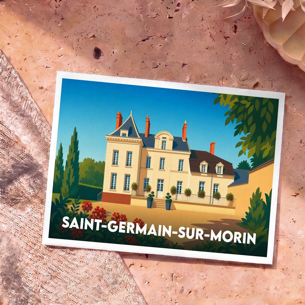 Carte postale souvenir de la ville de Saint-Germain-sur-Morin avec une illustration stylisée d'un manoir.