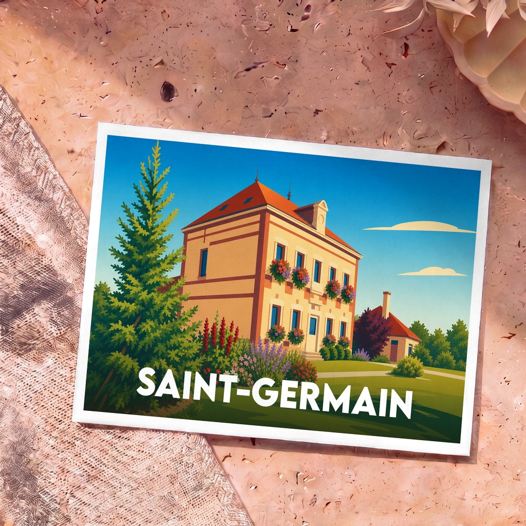Carte postale souvenir de la ville de Saint-Germain avec une illustration stylisée d'une maison fleurie.