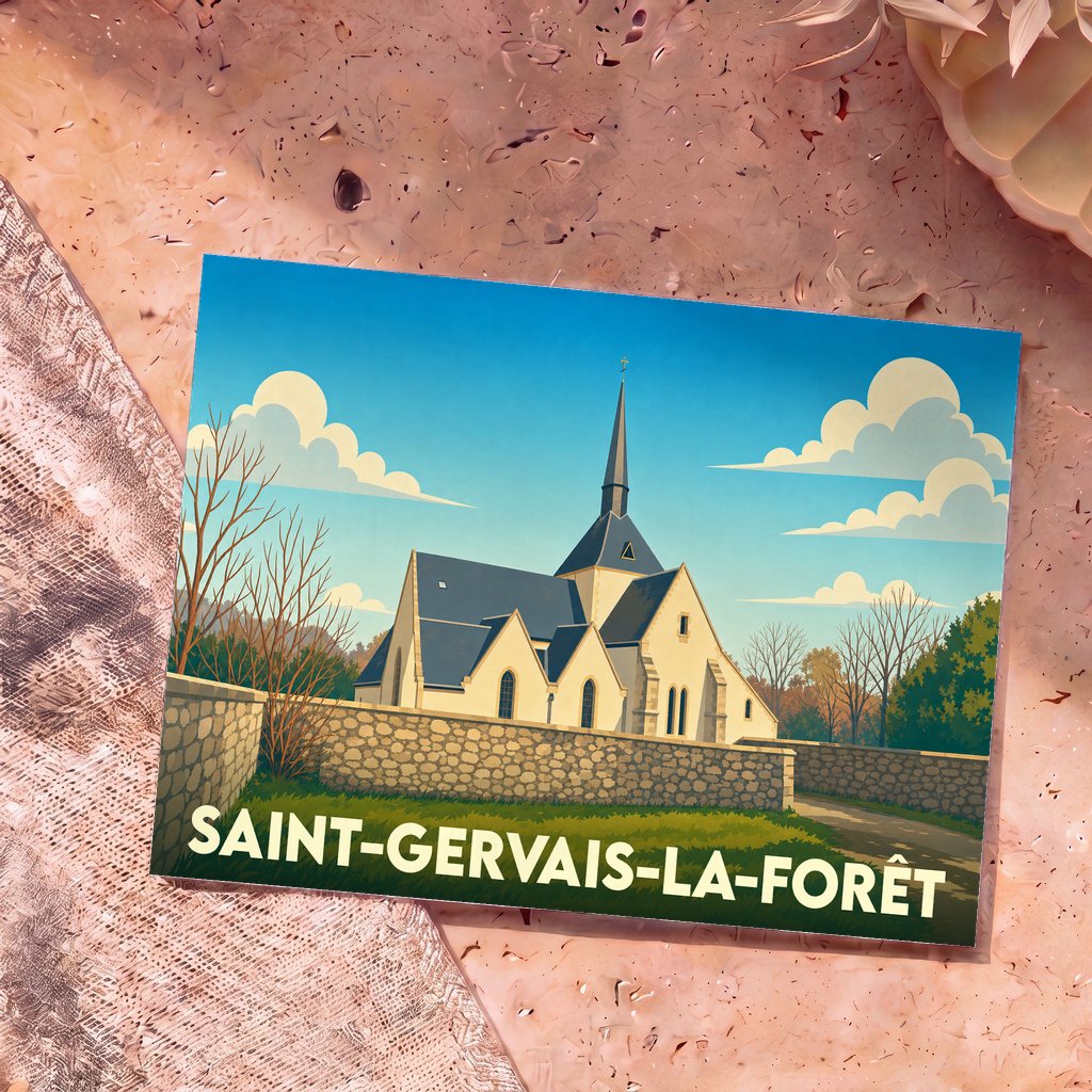 Carte postale souvenir de Saint-Gervais-la-Forêt illustrant son église dans un style graphique épuré.