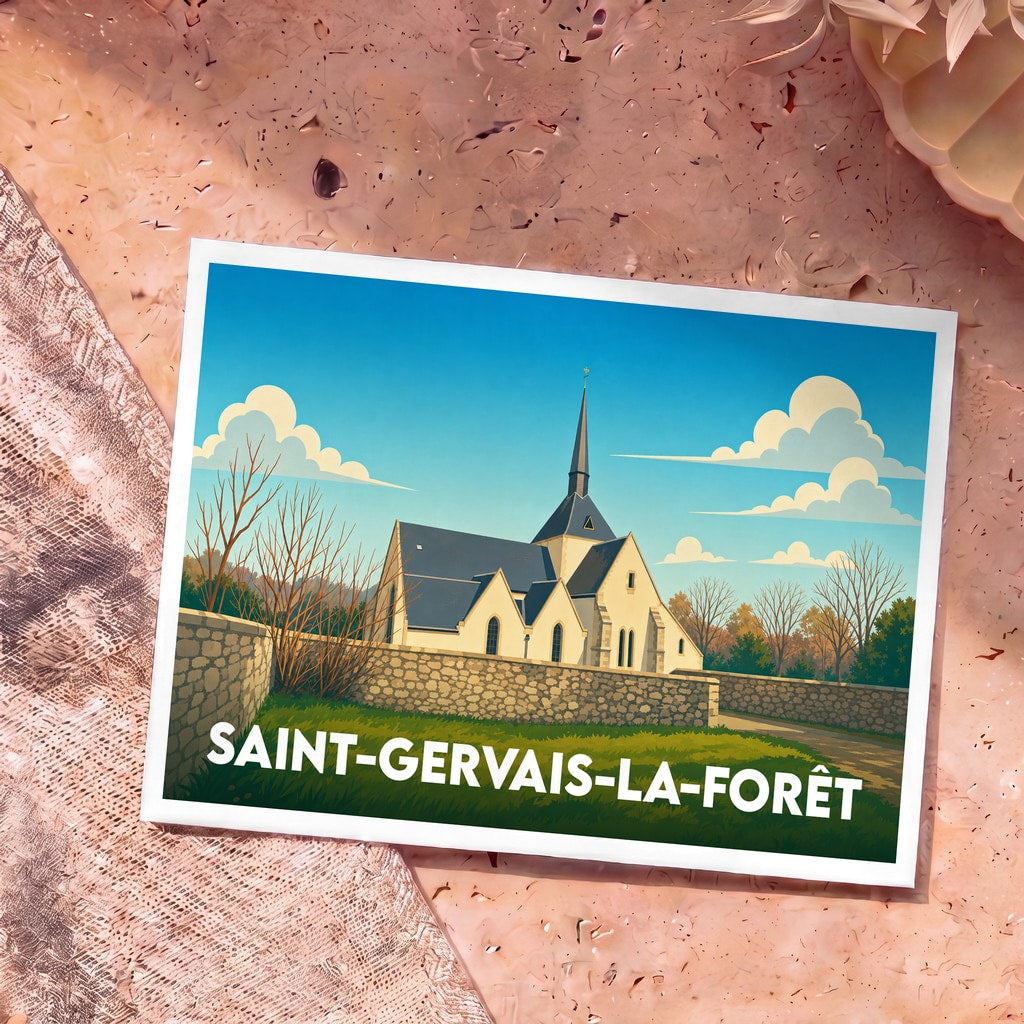 Carte postale souvenir de Saint-Gervais-la-Forêt illustrant son église dans un style graphique épuré.