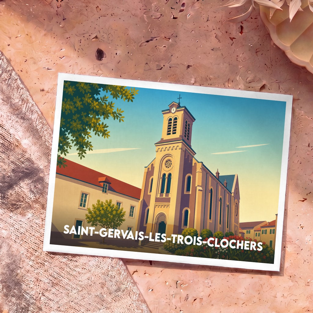 Carte postale souvenir de Saint-Gervais-les-Trois-Clochers avec une illustration stylisée de son église sous un ciel azur.