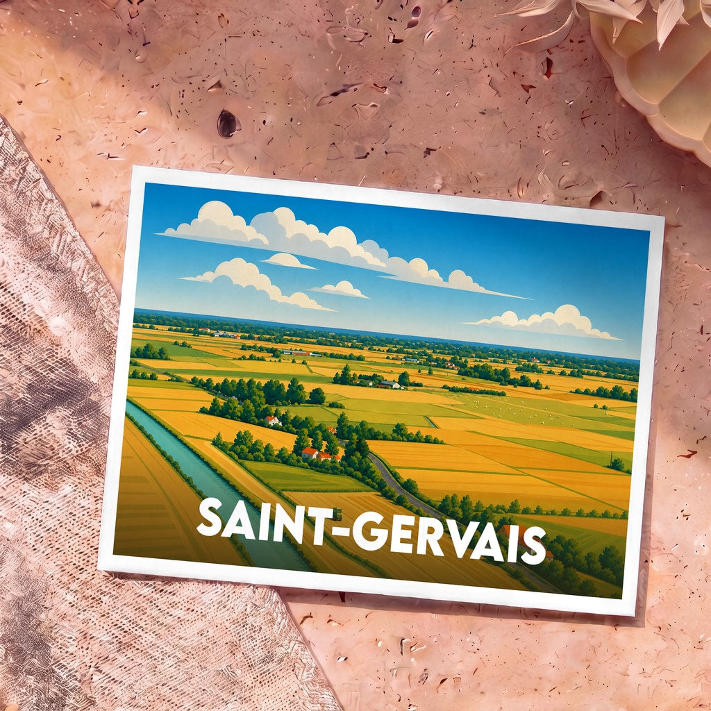 Carte postale souvenir de la ville de Saint-Gervais avec une illustration stylisée de paysages agricoles.