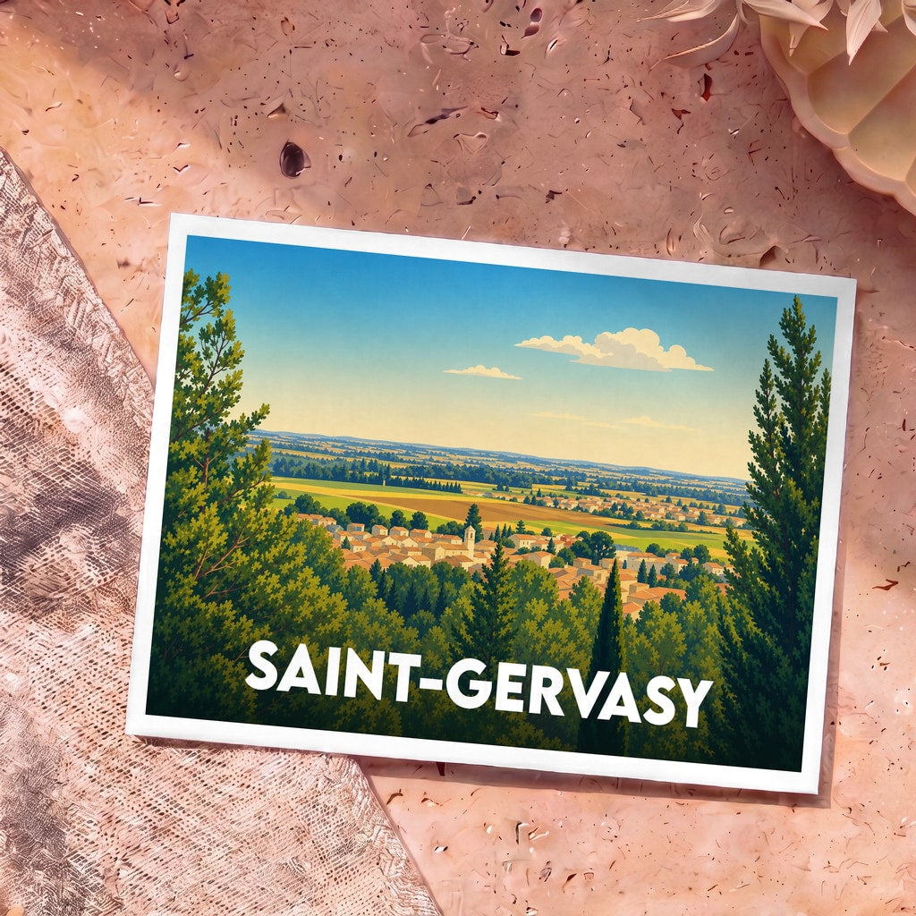 Carte postale souvenir de la ville de Saint-Gervasy avec une illustration paysagère stylisée.