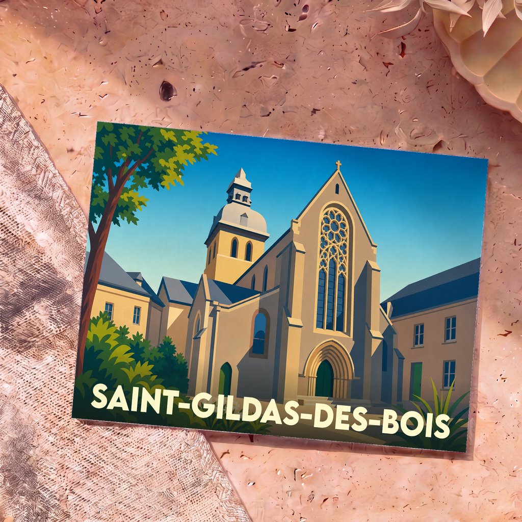 Carte postale souvenir de la ville de Saint-Gildas-des-Bois avec une illustration stylisée de son église.