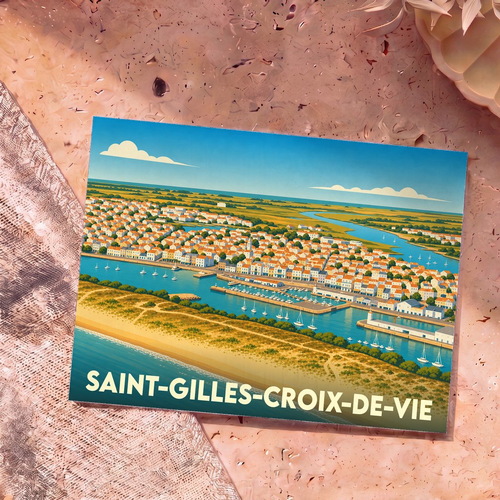 Carte postale souvenir de la ville de Saint-Gilles-Croix-de-Vie avec une illustration stylisée vue du ciel.
