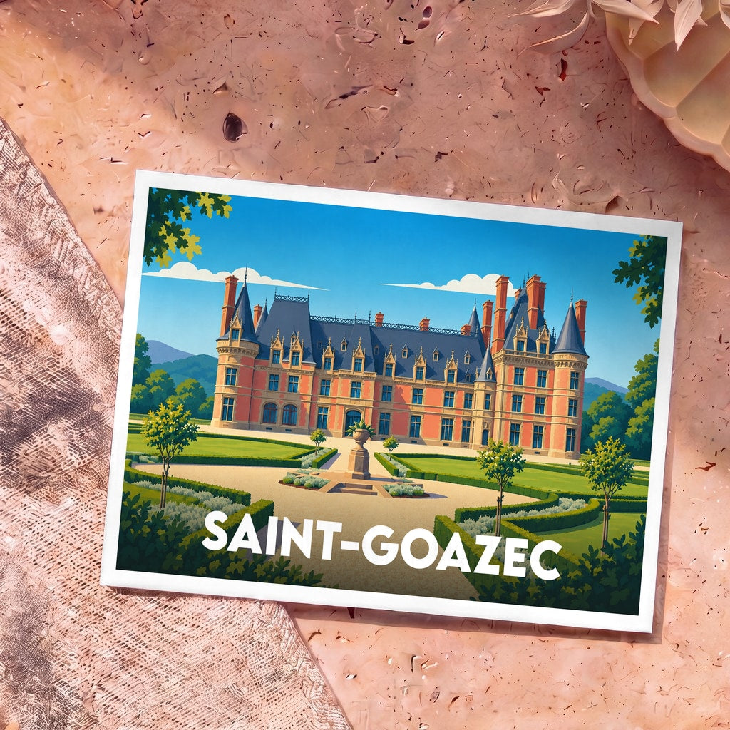 Carte postale souvenir de Saint-Goazec illustrant le domaine de Trévarez dans un style graphique épuré.