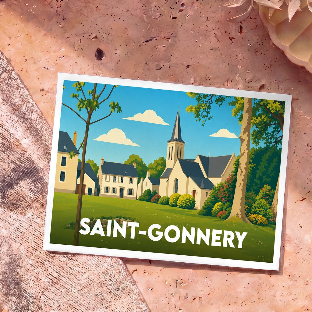 Carte postale souvenir de la ville de Saint-Gonnery illustrant un paysage de village champêtre avec son église.