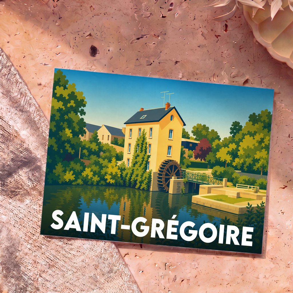 Carte postale souvenir de la ville de Saint-Grégoire avec une illustration stylisée d'un moulin à eau au bord d'une rivière.