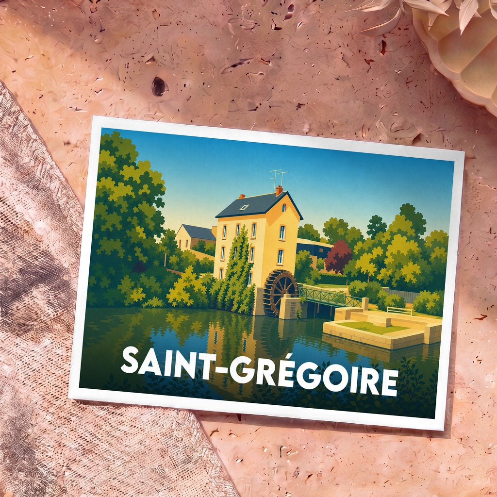 Carte postale souvenir de la ville de Saint-Grégoire avec une illustration stylisée d'un moulin à eau au bord d'une rivière.