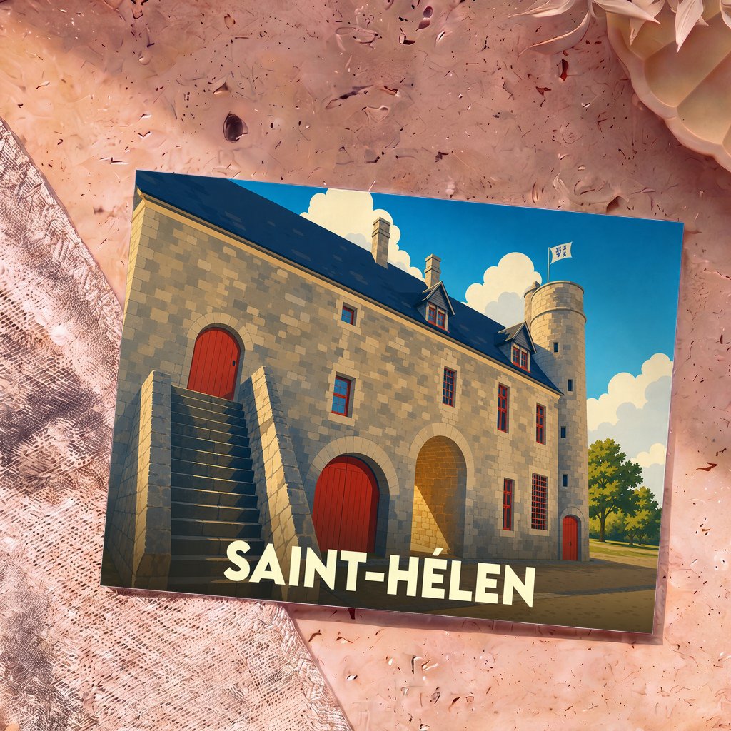 Carte postale souvenir de la ville de Saint-Hélen avec une illustration stylisée de son patrimoine architectural.
