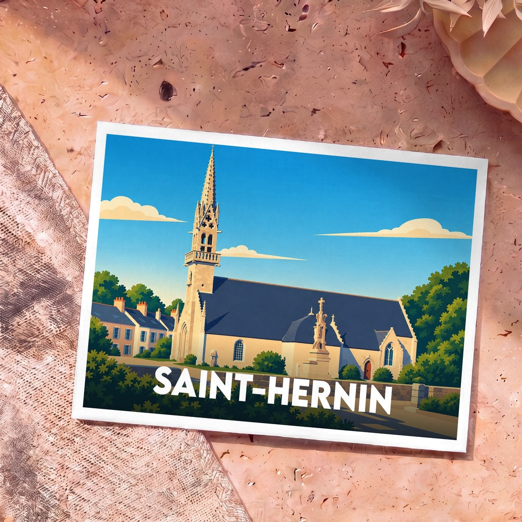 Carte postale souvenir de la ville de Saint-Hernin avec une illustration stylisée de son église.