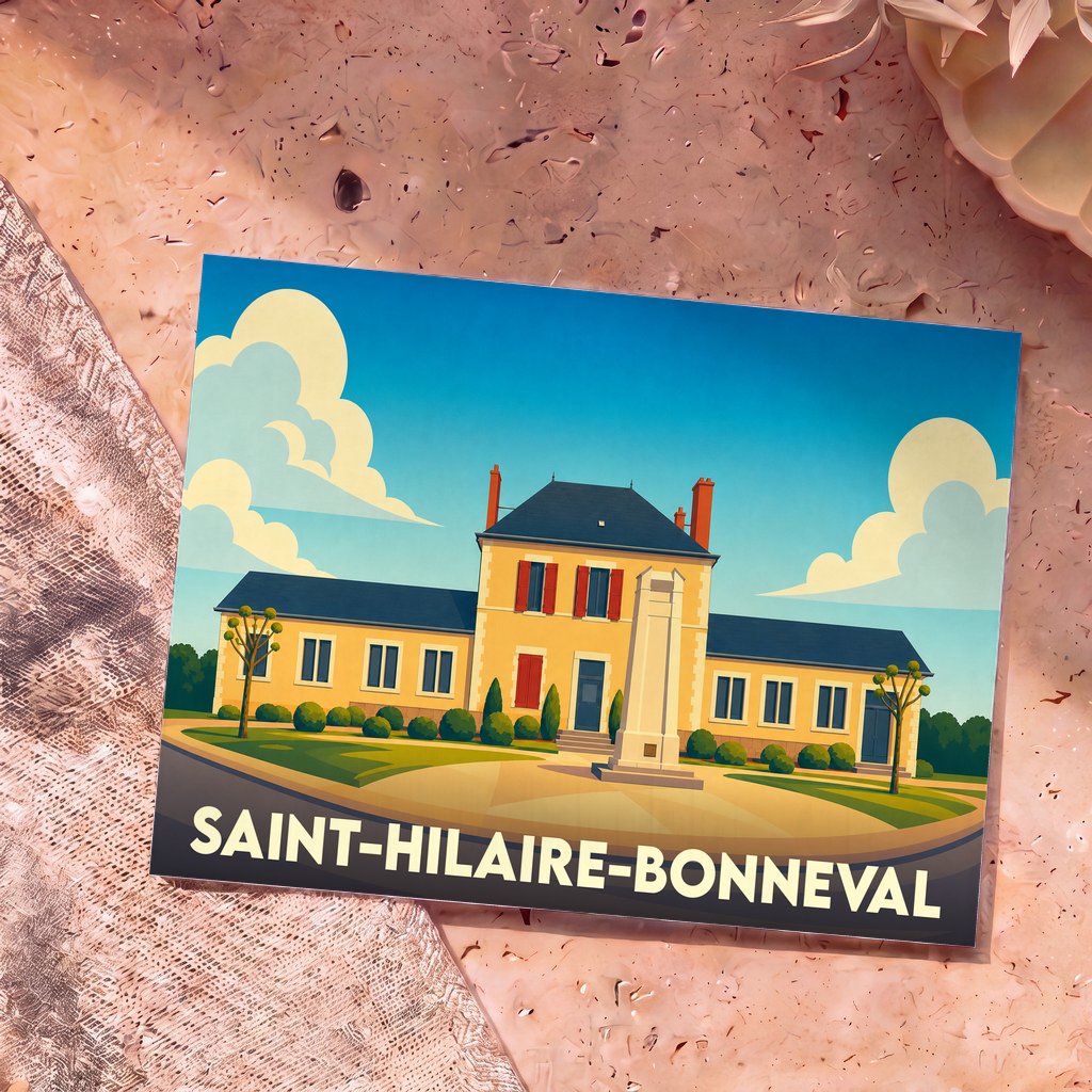 Carte postale souvenir de Saint-Hilaire-Bonneval avec une illustration stylisée de la mairie et du monument aux morts sous un ciel bleu.