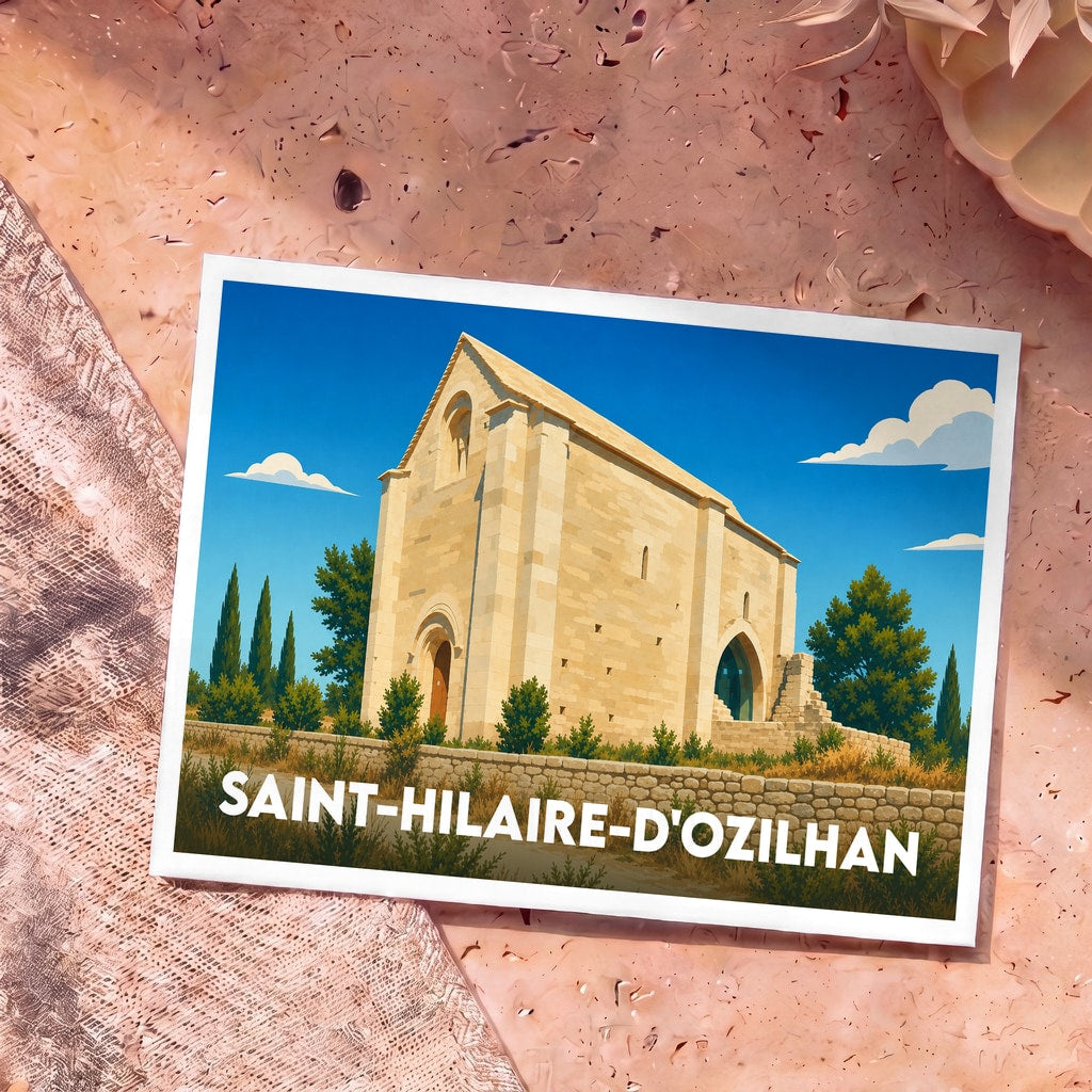 Carte postale souvenir de Saint-Hilaire-d'Ozilhan illustrant une chapelle romane dans un style graphique épuré.