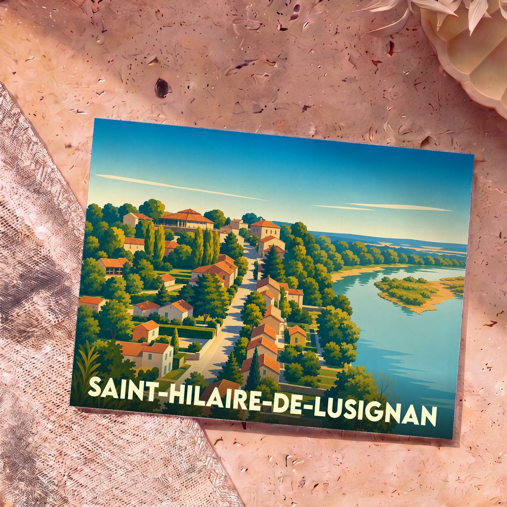 Carte postale souvenir de la ville de Saint-Hilaire-de-Lusignan avec une illustration stylisée.