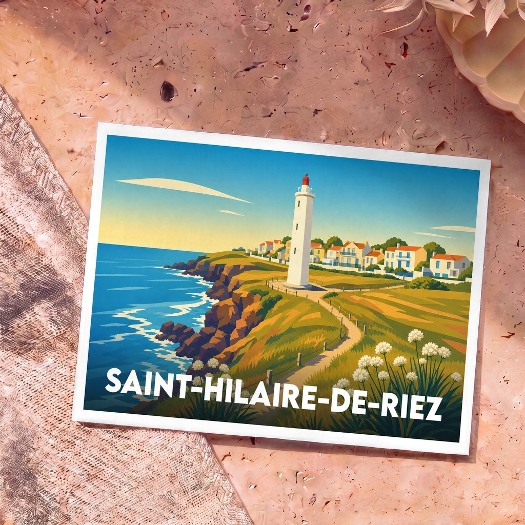 Carte postale souvenir de la ville de Saint-Hilaire-de-Riez avec une illustration stylisée de son littoral et de son phare.