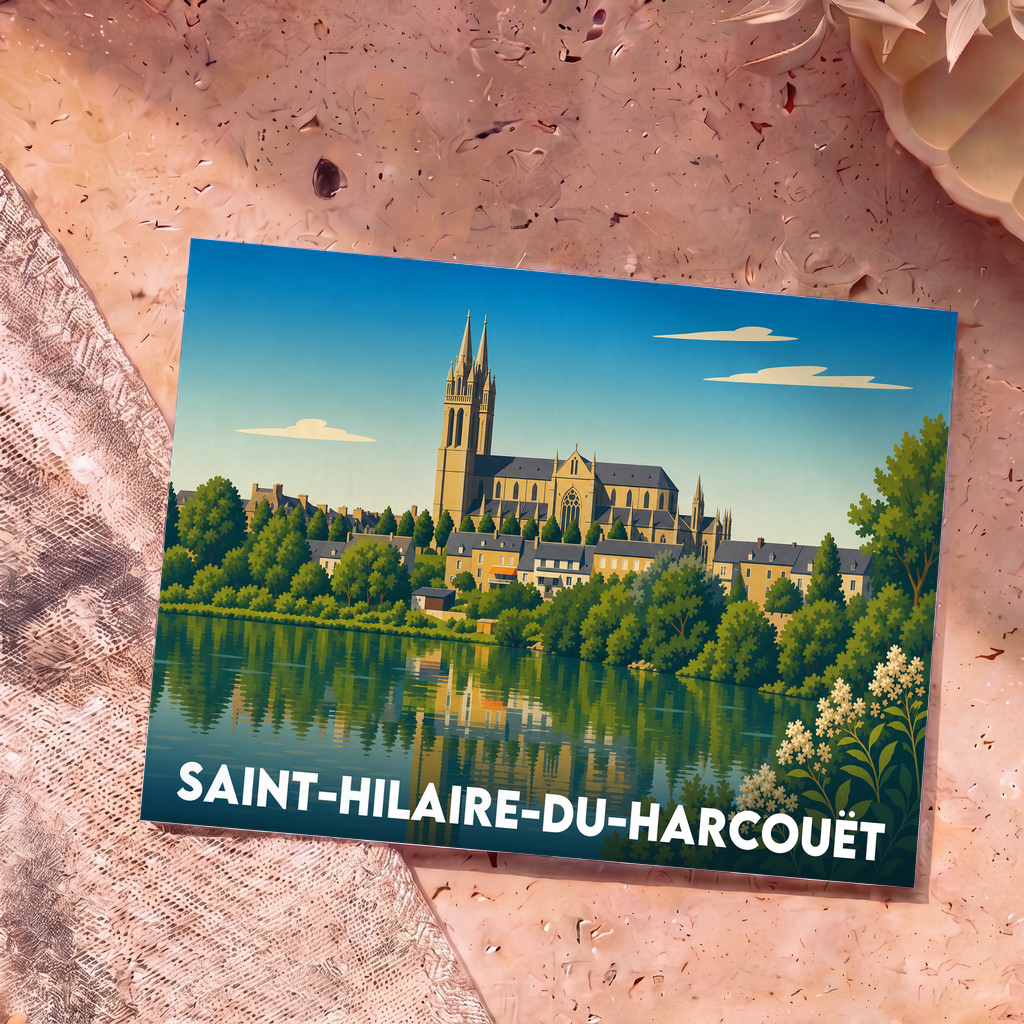 Carte postale souvenir de la ville de Saint-Hilaire-du-Harcouët avec une illustration stylisée de son église se reflétant dans l'eau.