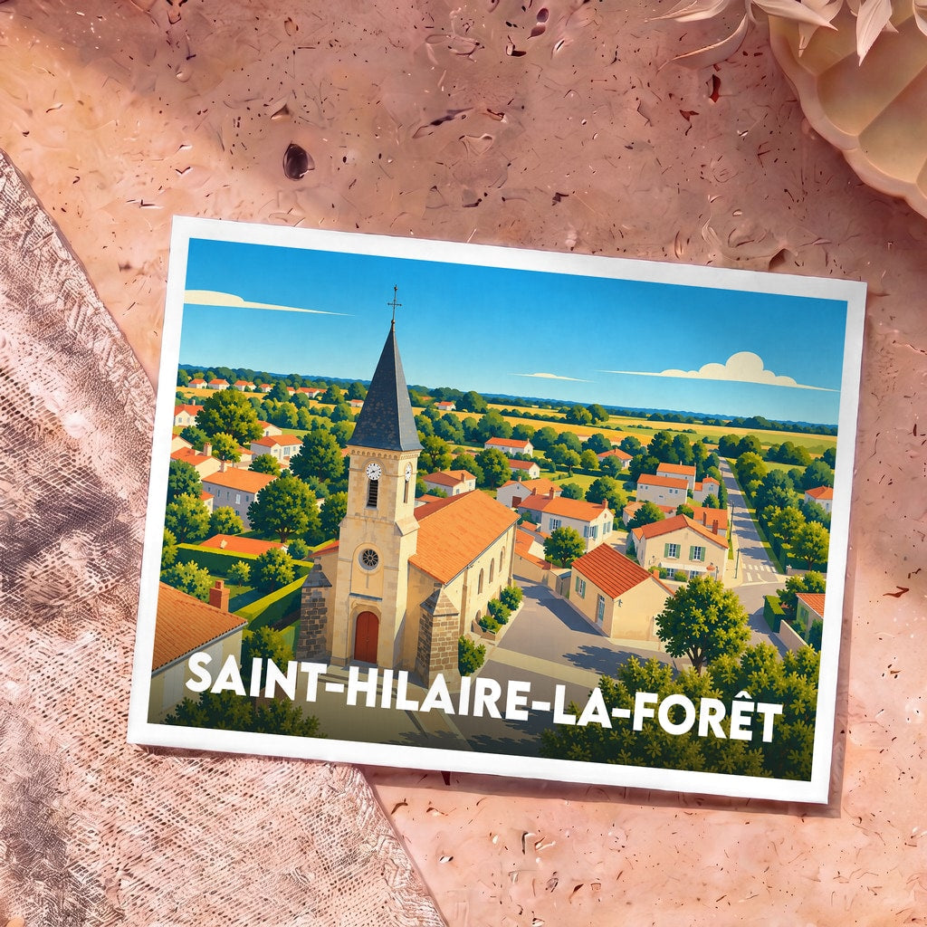 Carte postale souvenir de Saint-Hilaire-la-Forêt illustrant le village et son église dans un style graphique épuré.