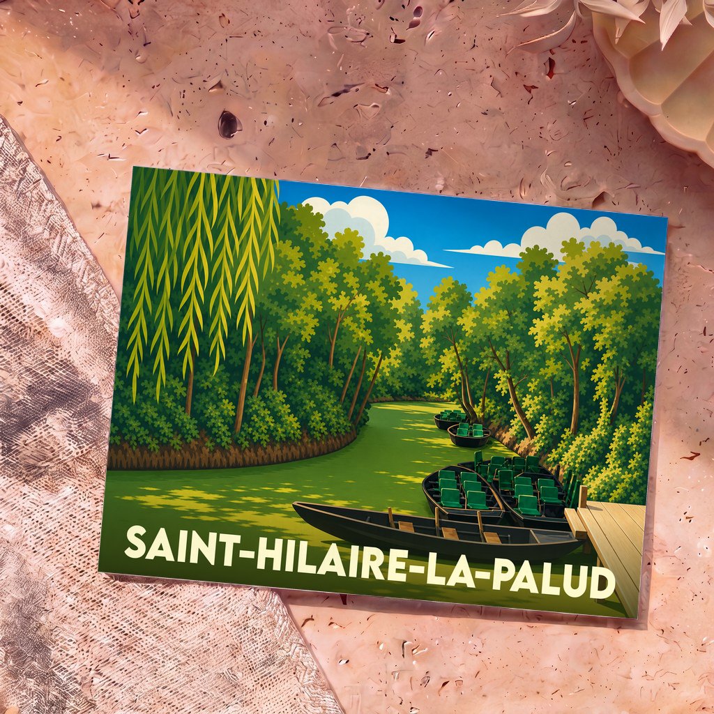 Carte postale souvenir de Saint-Hilaire-la-Palud illustrant les barques du Marais poitevin dans un style graphique et coloré.