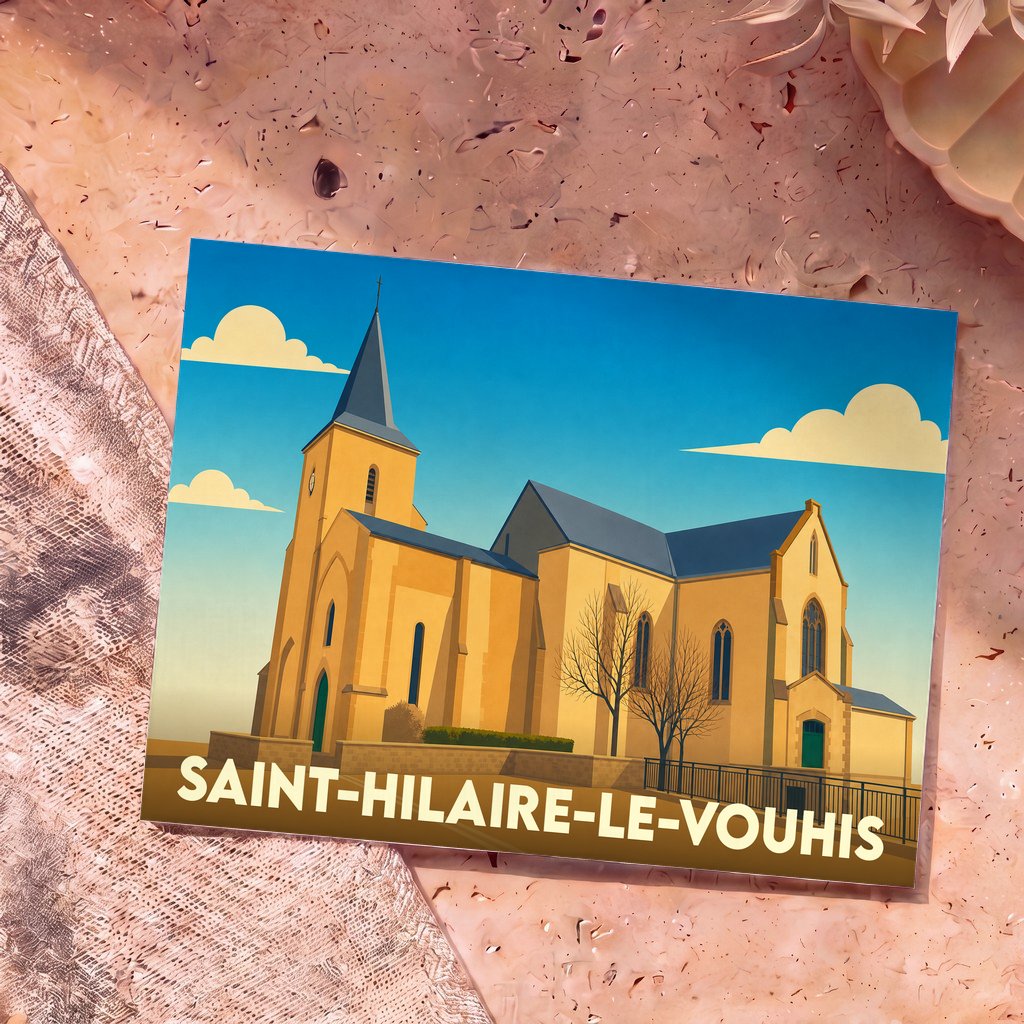 Carte postale souvenir de la ville de Saint-Hilaire-le-Vouhis avec une illustration stylisée de son église.