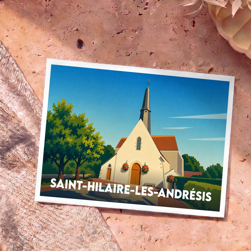 Carte postale souvenir de la ville de Saint-Hilaire-les-Andrésis avec une illustration stylisée de son église.