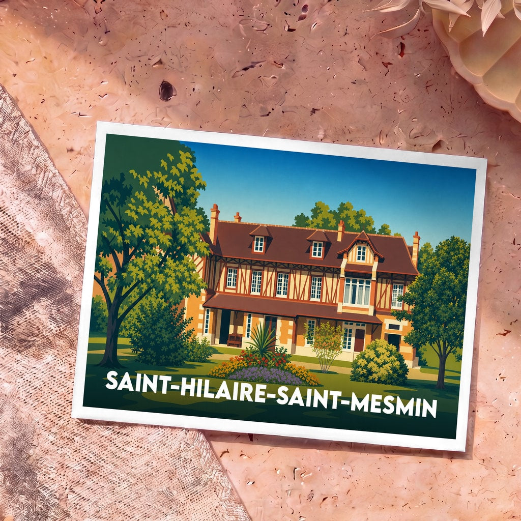 Carte postale souvenir de la ville de Saint-Hilaire-Saint-Mesmin avec une illustration stylisée d'une grande demeure traditionnelle.