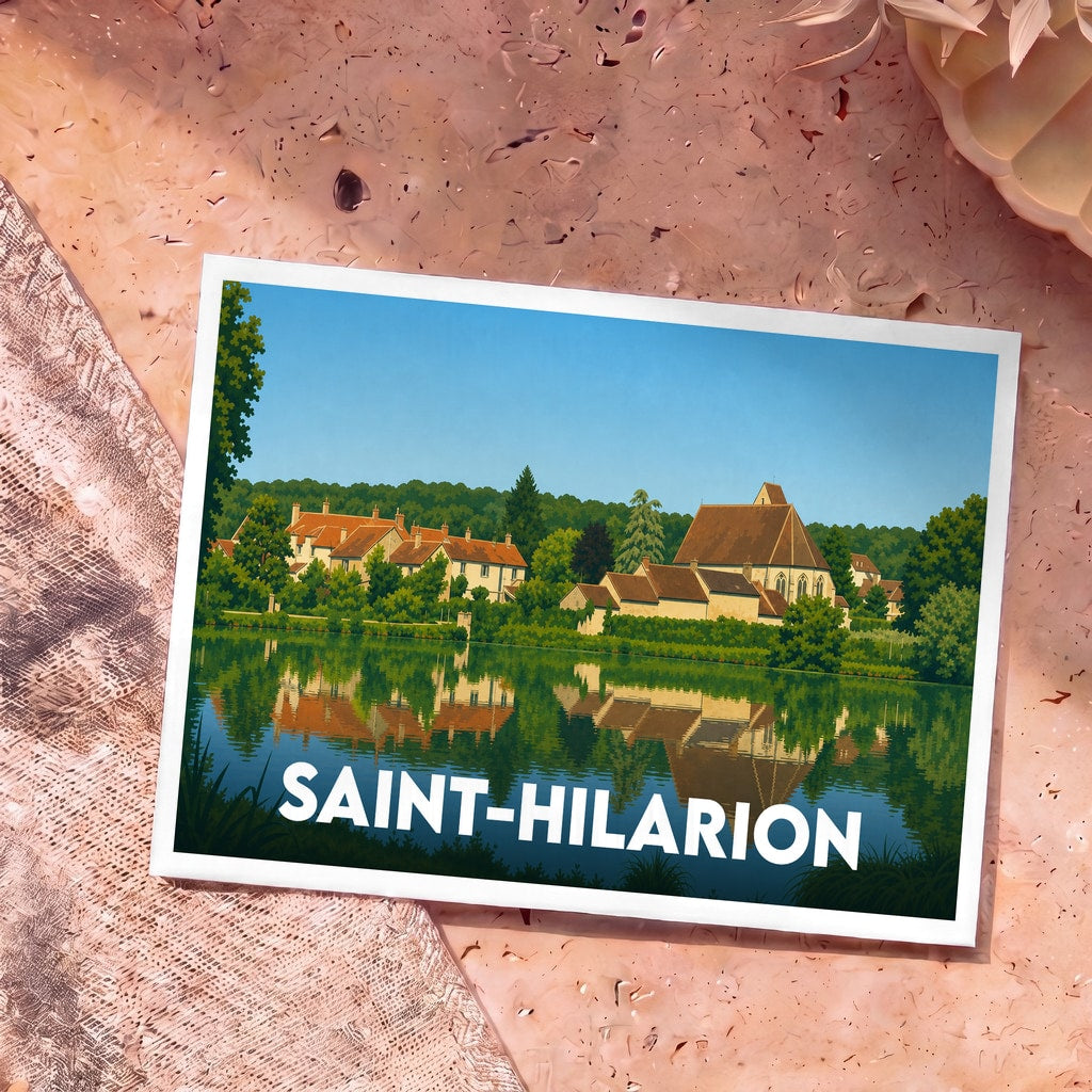 Carte postale souvenir de la ville de Saint-Hilarion avec une illustration stylisée des bords de l'Eure.