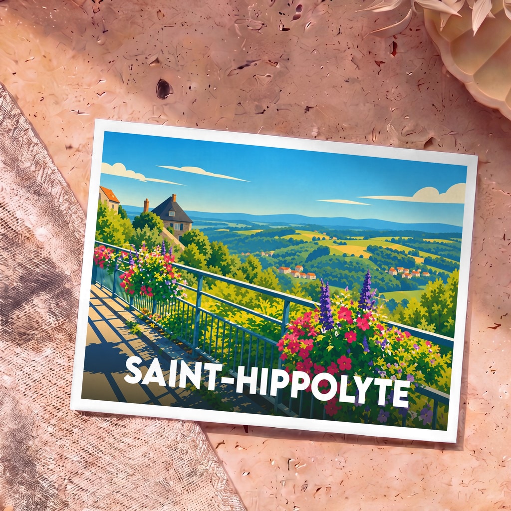 Carte postale souvenir de la ville de Saint-Hippolyte avec une illustration stylisée d'un paysage vallonné et fleuri.